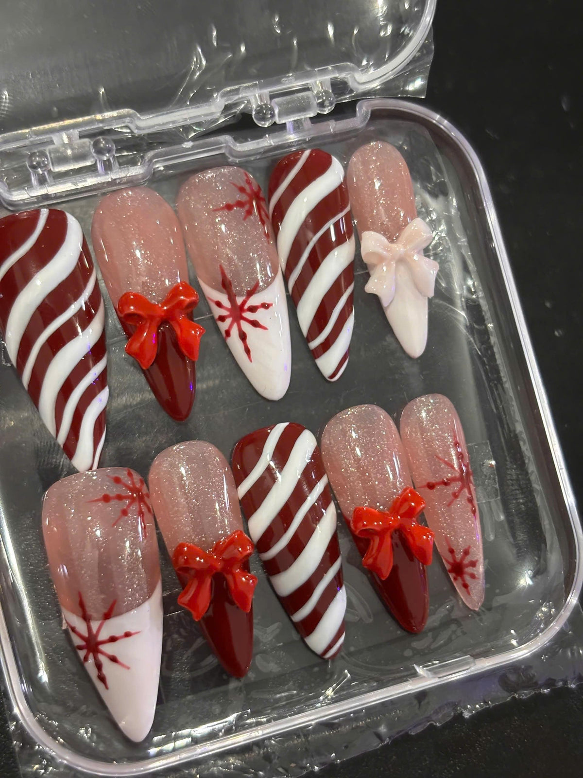 Burgundy Candy Cane Stripe and 3D Bow Christmas Nail Set
