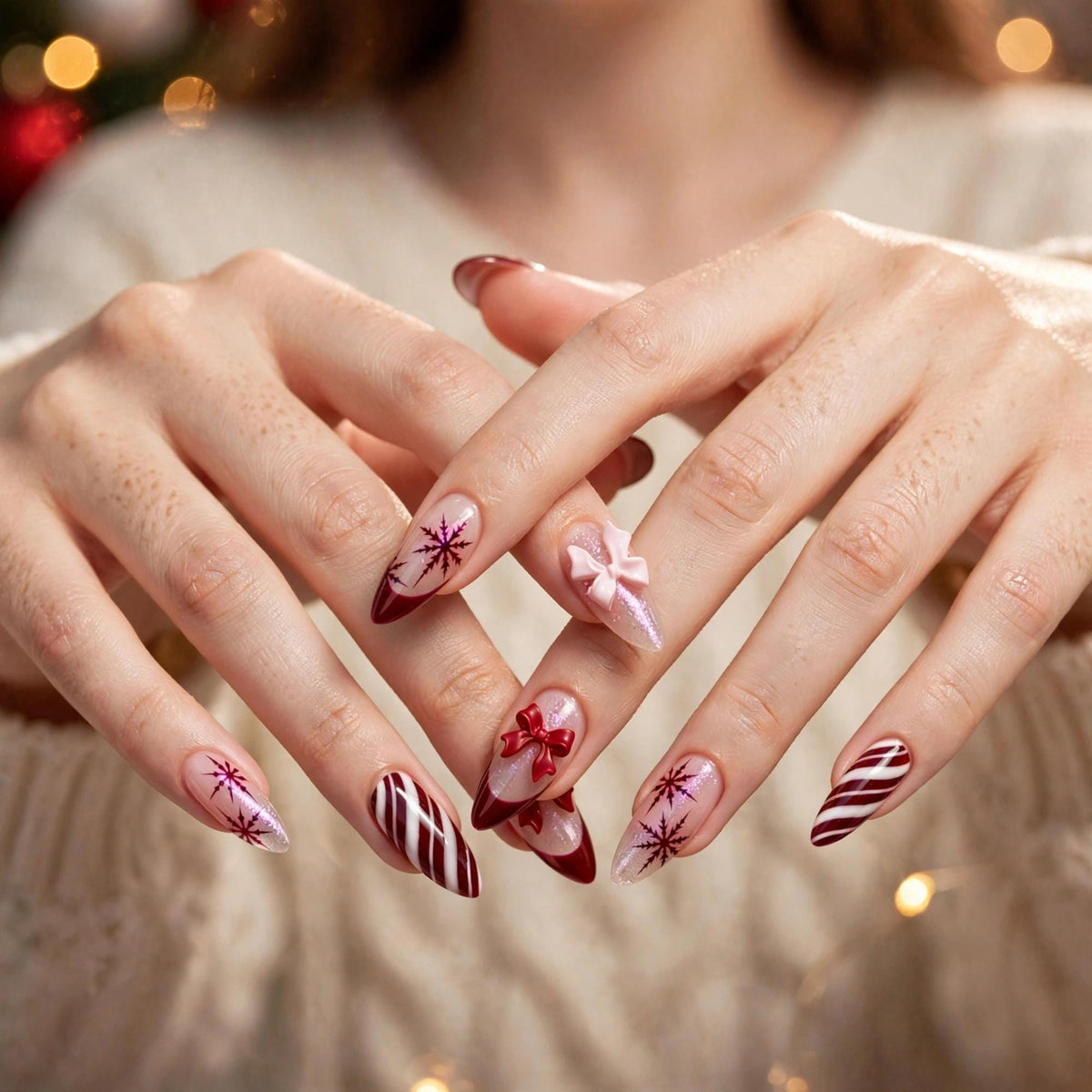 Burgundy Candy Cane Stripe and 3D Bow Christmas Nail Set