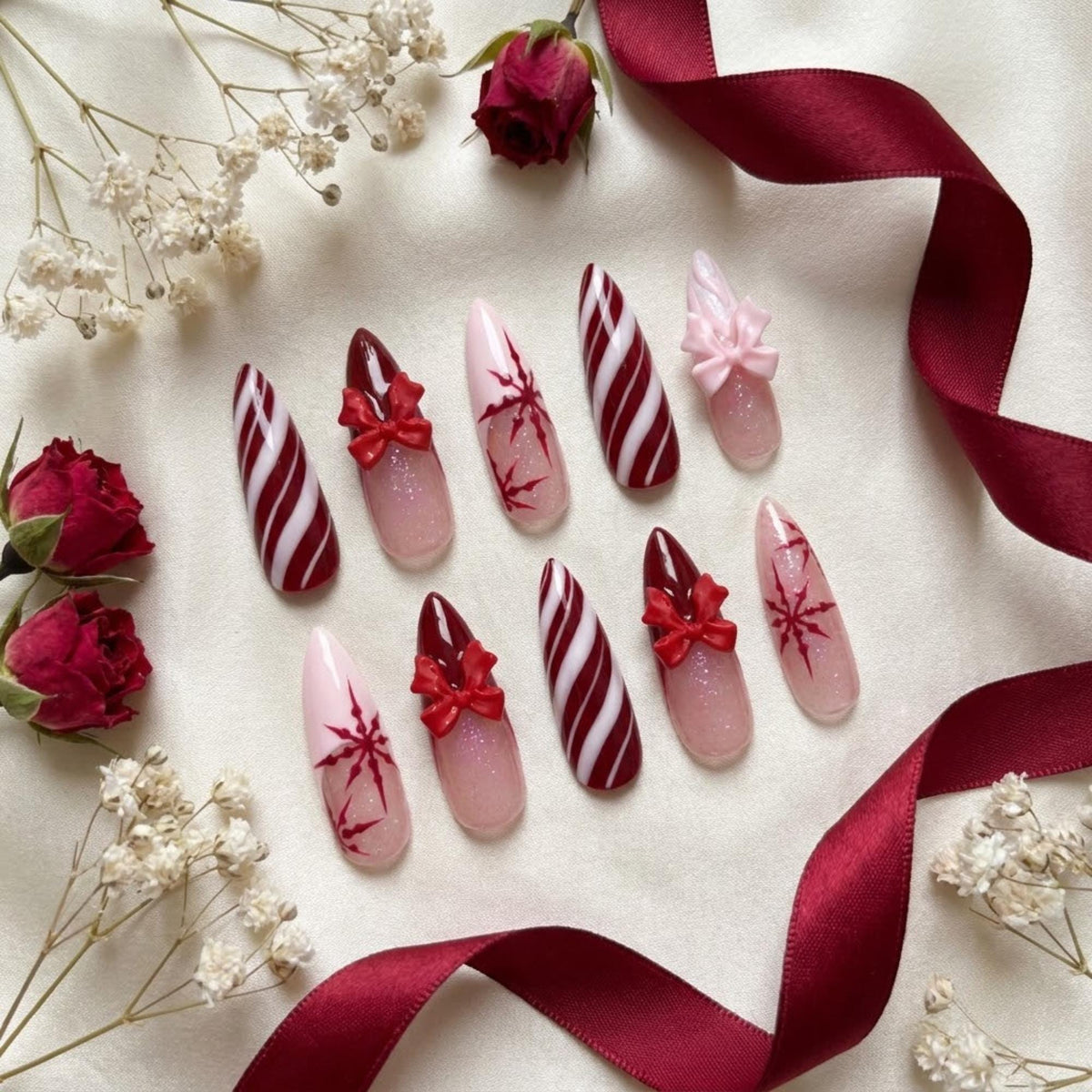 Burgundy Candy Cane Stripe and 3D Bow Christmas Nail Set