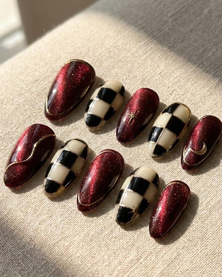 Burgundy Cat Eye and Black-Ivory Checkerboard Press-On Nails