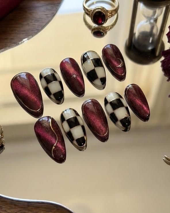 Burgundy Cat Eye and Black-Ivory Checkerboard Press-On Nails