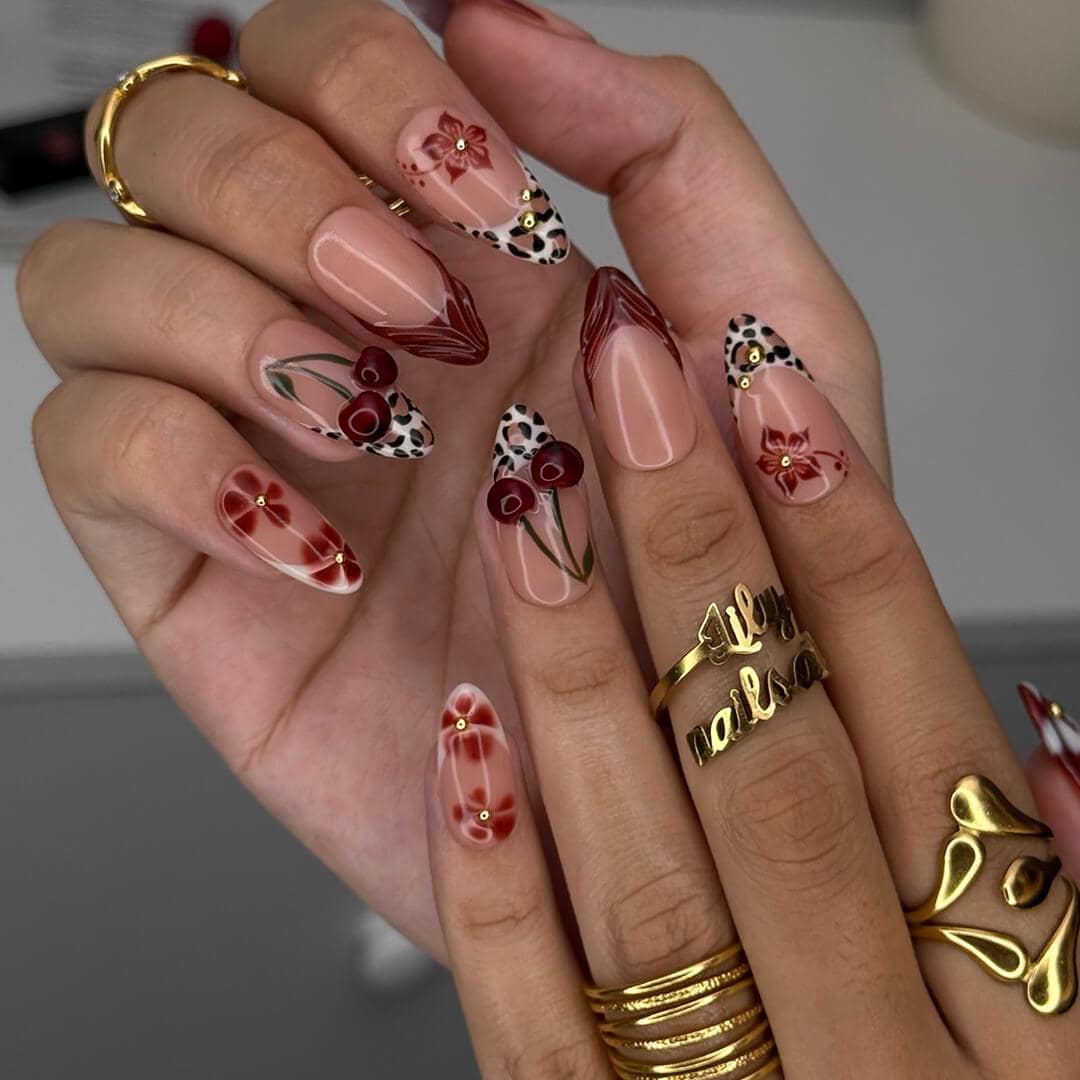 Burgundy Cherry and Leopard Print Fall Nail Set