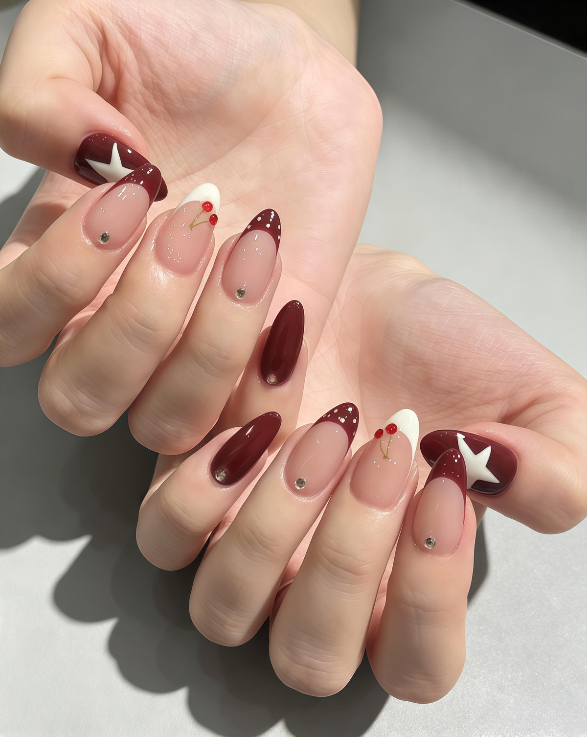 Burgundy Cherry and Star French Tip Nail Set With Rhinestones