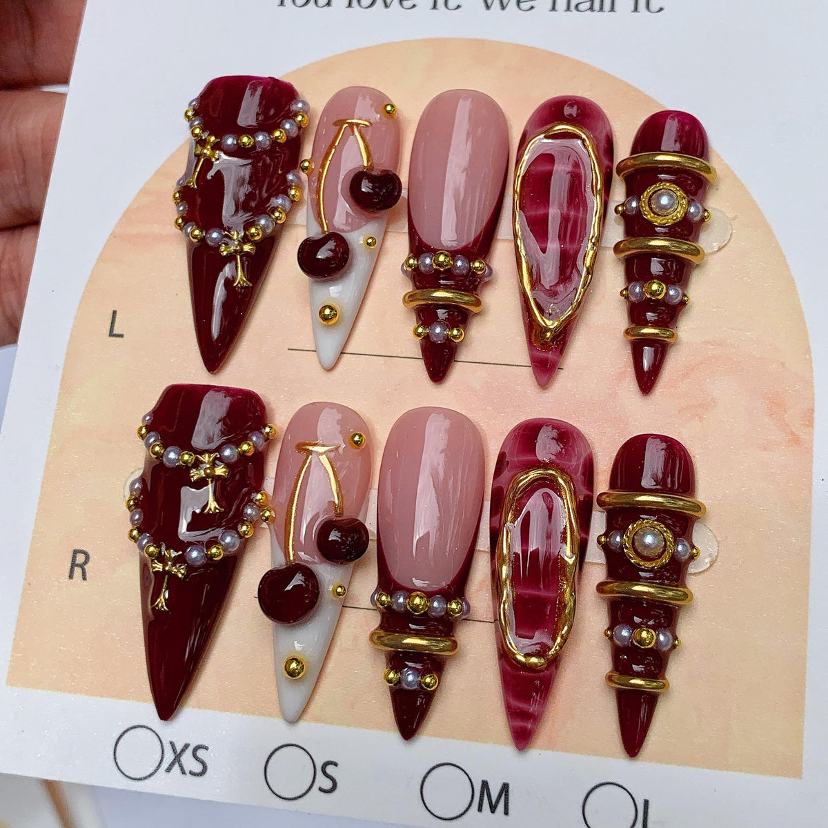 Burgundy Cherry Gothic Glam Nails With Gold-Tone Frames, Pearls and Rhinestones