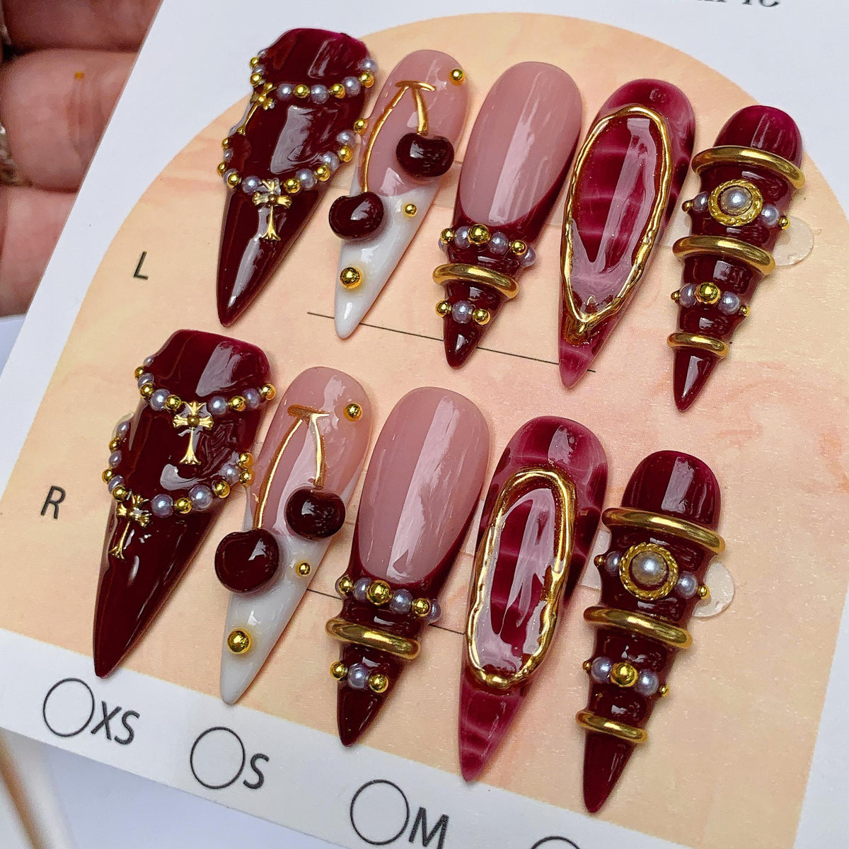 Burgundy Cherry Gothic Glam Nails With Gold-Tone Frames, Pearls and Rhinestones