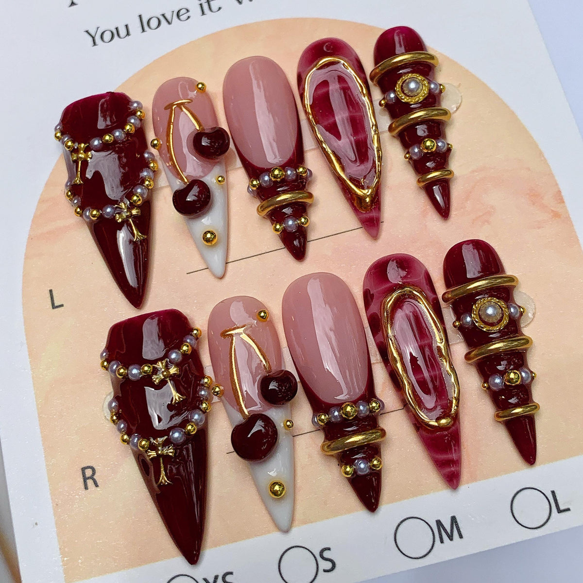 Burgundy Cherry Gothic Glam Nails With Gold-Tone Frames, Pearls and Rhinestones