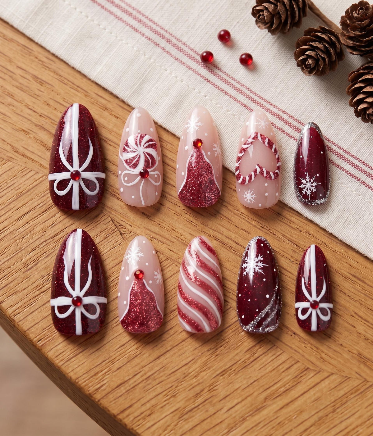 Burgundy Christmas Nail Set With Gift Bows, Candy Canes, Snowflakes and Glitter