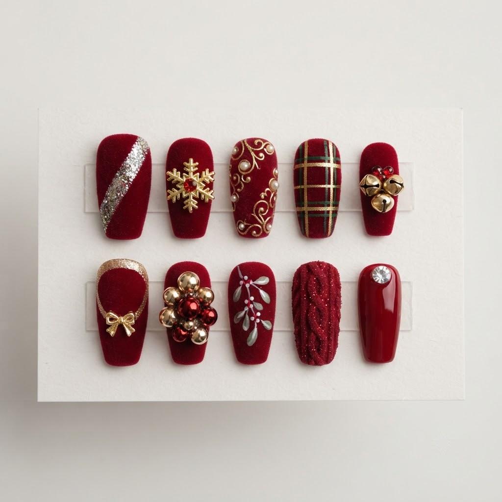 Burgundy Christmas Nails With Gold Snowflakes, Plaid, Bows, and Charms