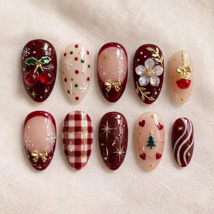 Burgundy Christmas Press On Nails With Plaid, Cherries, Bows, and Gold Details