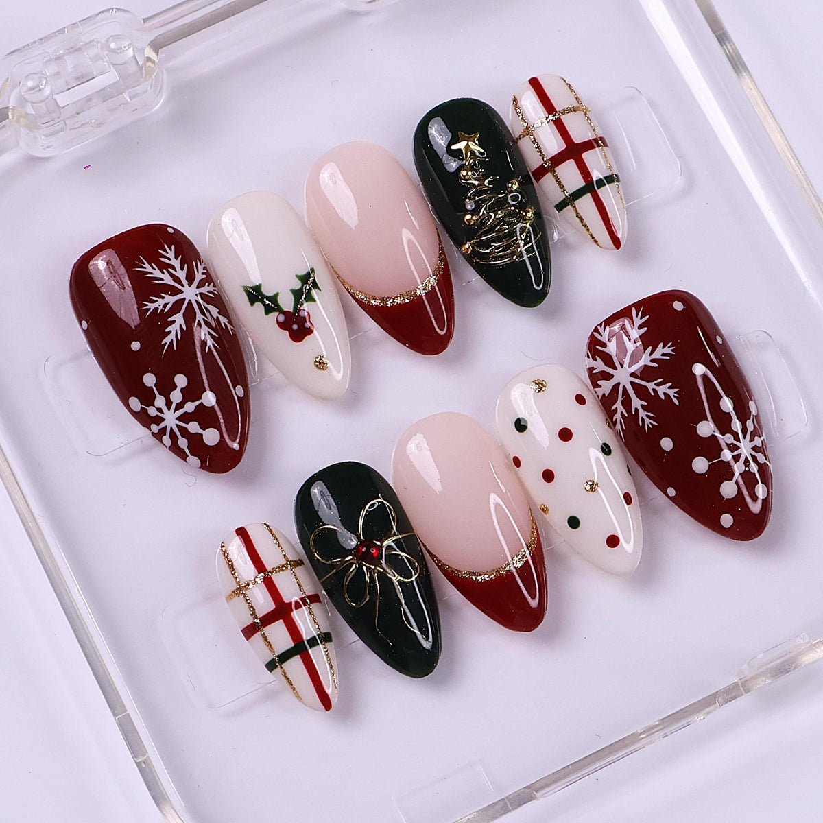 Burgundy Christmas Nails with Snowflakes, Holly, Plaid & Gold Bows