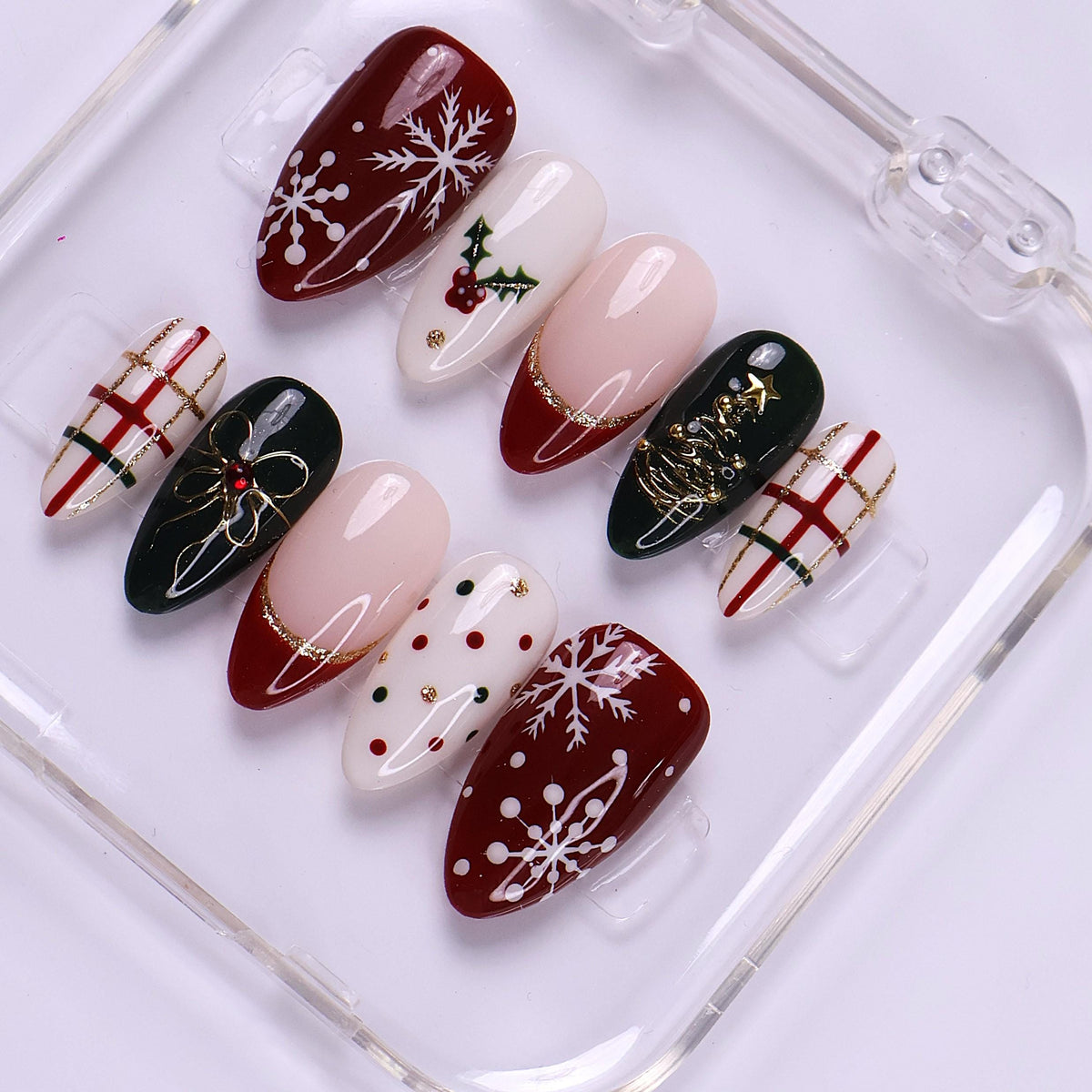 Burgundy Christmas Nails with Snowflakes, Holly, Plaid & Gold Bows