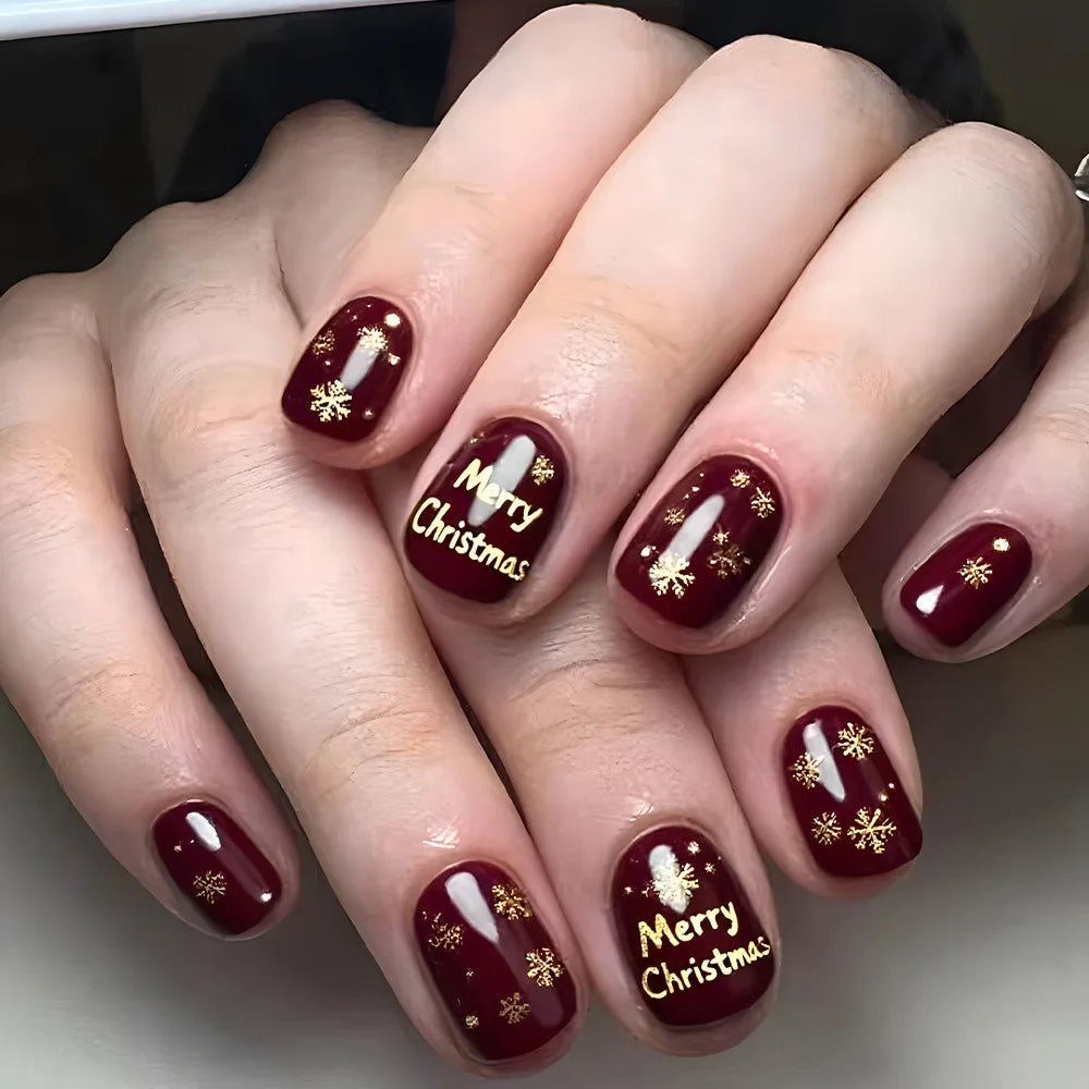 Burgundy Christmas Press-On Nails With Gold Trees and Snowflakes
