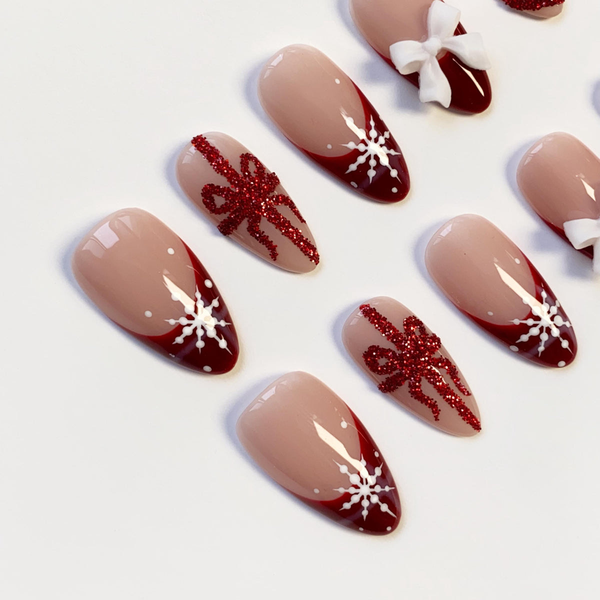 Burgundy Christmas Press-On Nails with Snowflakes, Glitter Bows, and 3D Ribbon Bows