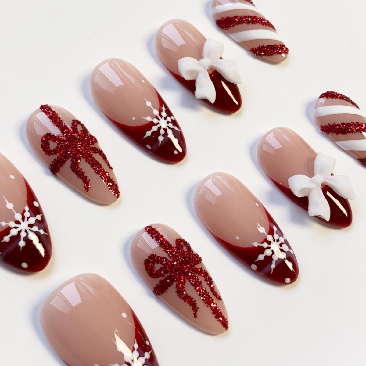 Burgundy Christmas Press-On Nails with Snowflakes, Glitter Bows, and 3D Ribbon Bows