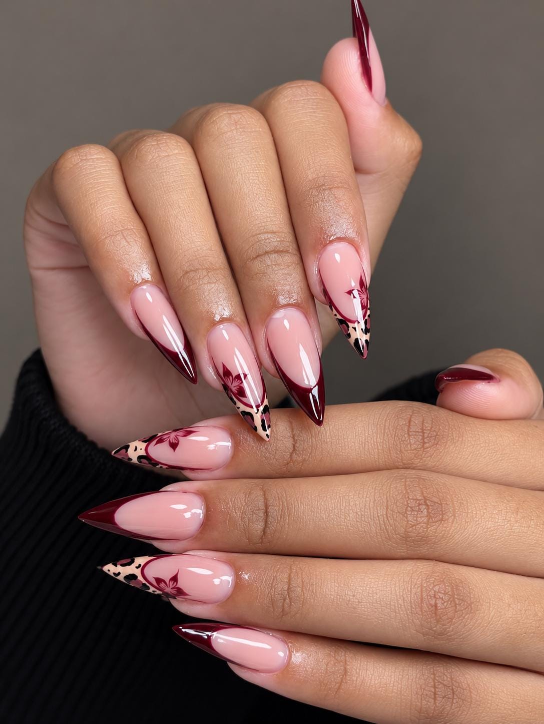 Burgundy Floral French Tip Press-On Nails With Leopard Print Accents