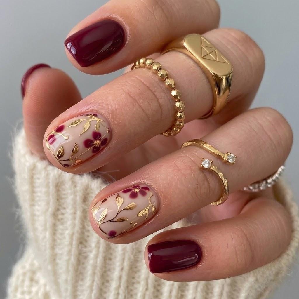 Burgundy Floral Nails with Gold Botanical Details