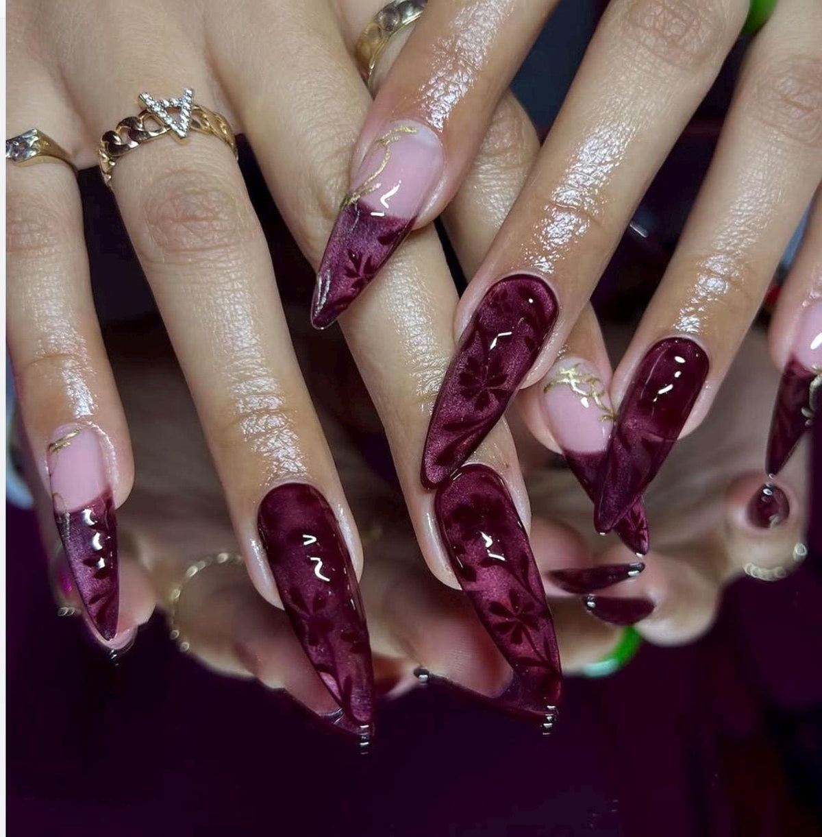 Burgundy Floral Press On Nails With Gold Line Accents