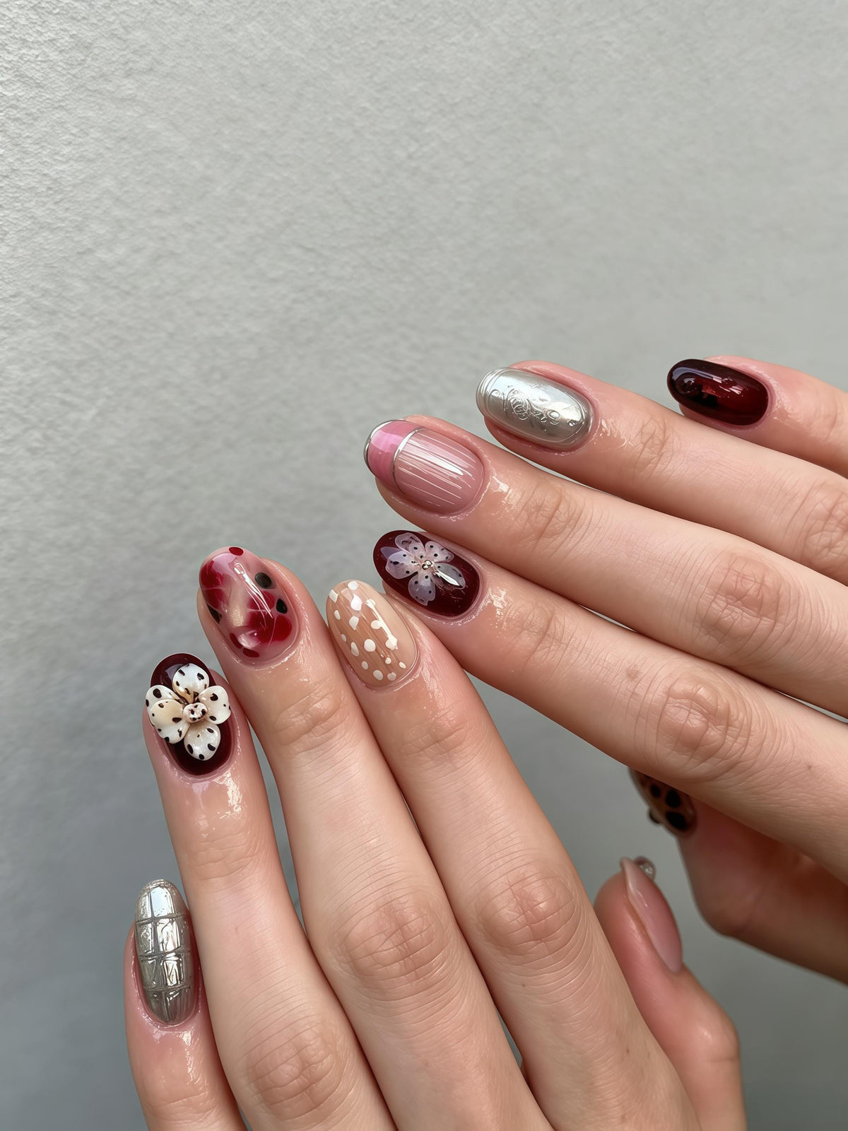 Burgundy Floral Press On Nails With Silver and Dusty Pink Details