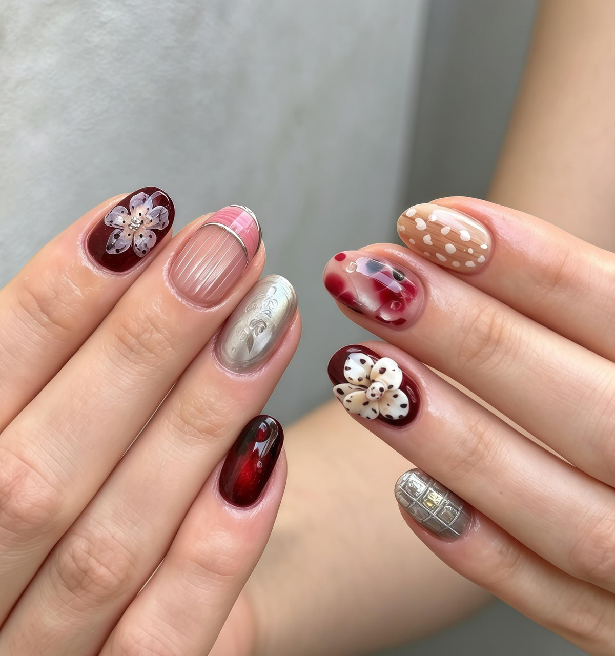 Burgundy Floral Press On Nails With Silver and Dusty Pink Details