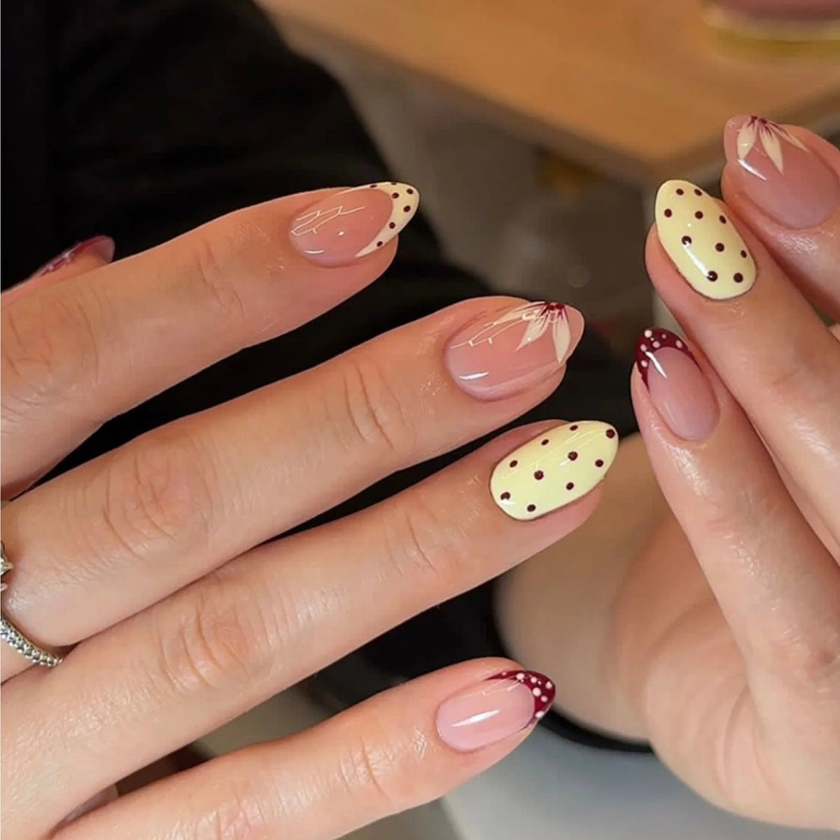 Burgundy French Tip and Yellow Polka Dot Nail Set