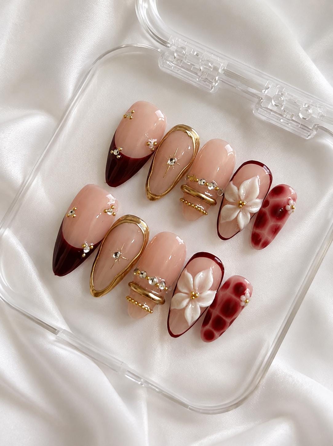 Burgundy French Tip Nails With Gold Details, Gems & 3D Flowers