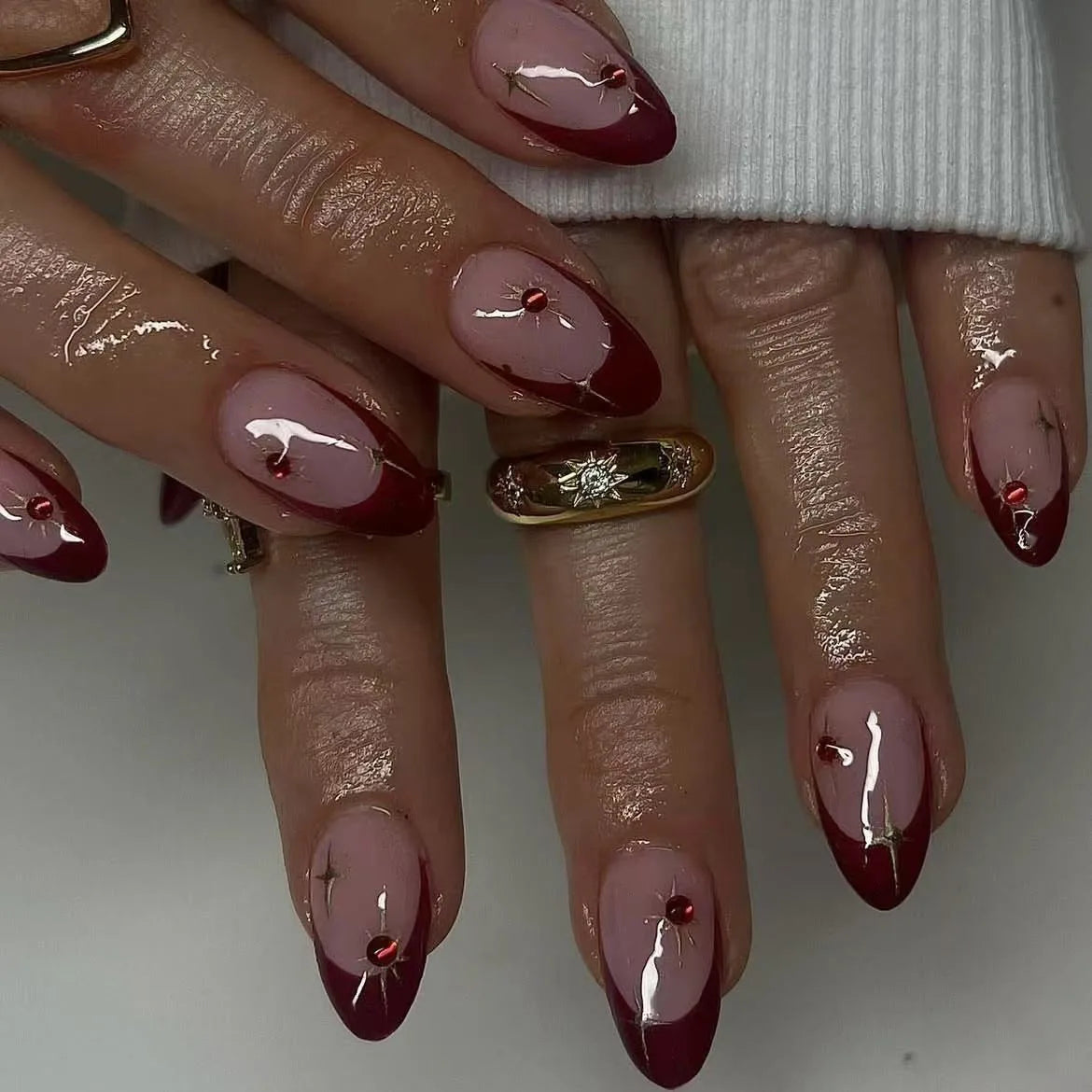 Burgundy French Tip Press On Nails with Red Gems and Starburst Details