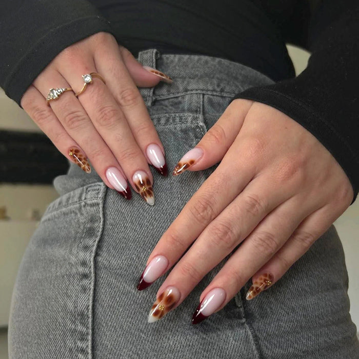 Burgundy French Tip Press-On Nails with Tortoiseshell Accents