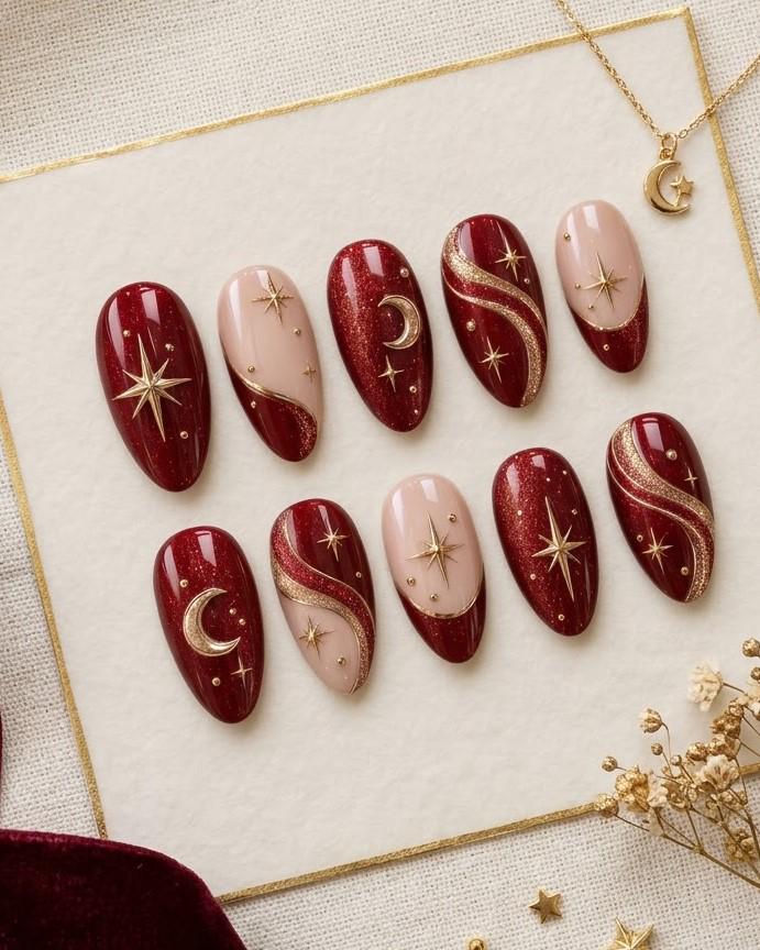Burgundy Glitter Celestial Press-On Nails With Gold Moons and Stars