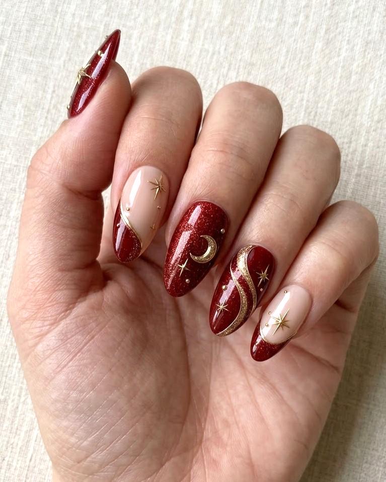 Burgundy Glitter Celestial Press-On Nails With Gold Moons and Stars