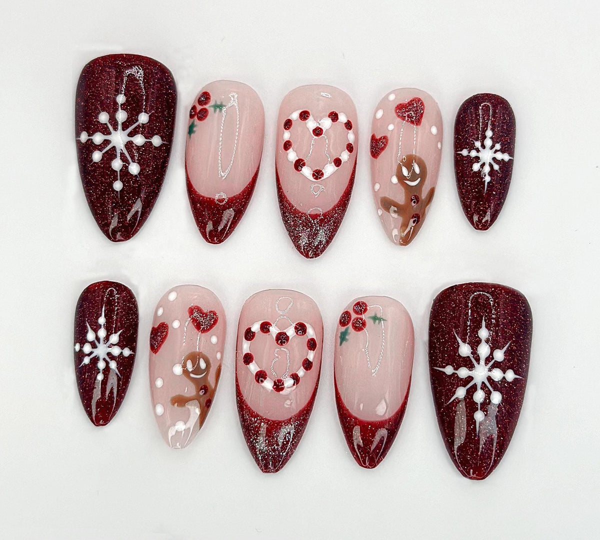 Burgundy Glitter Christmas Press On Nails with Snowflakes, Holly and Gingerbread