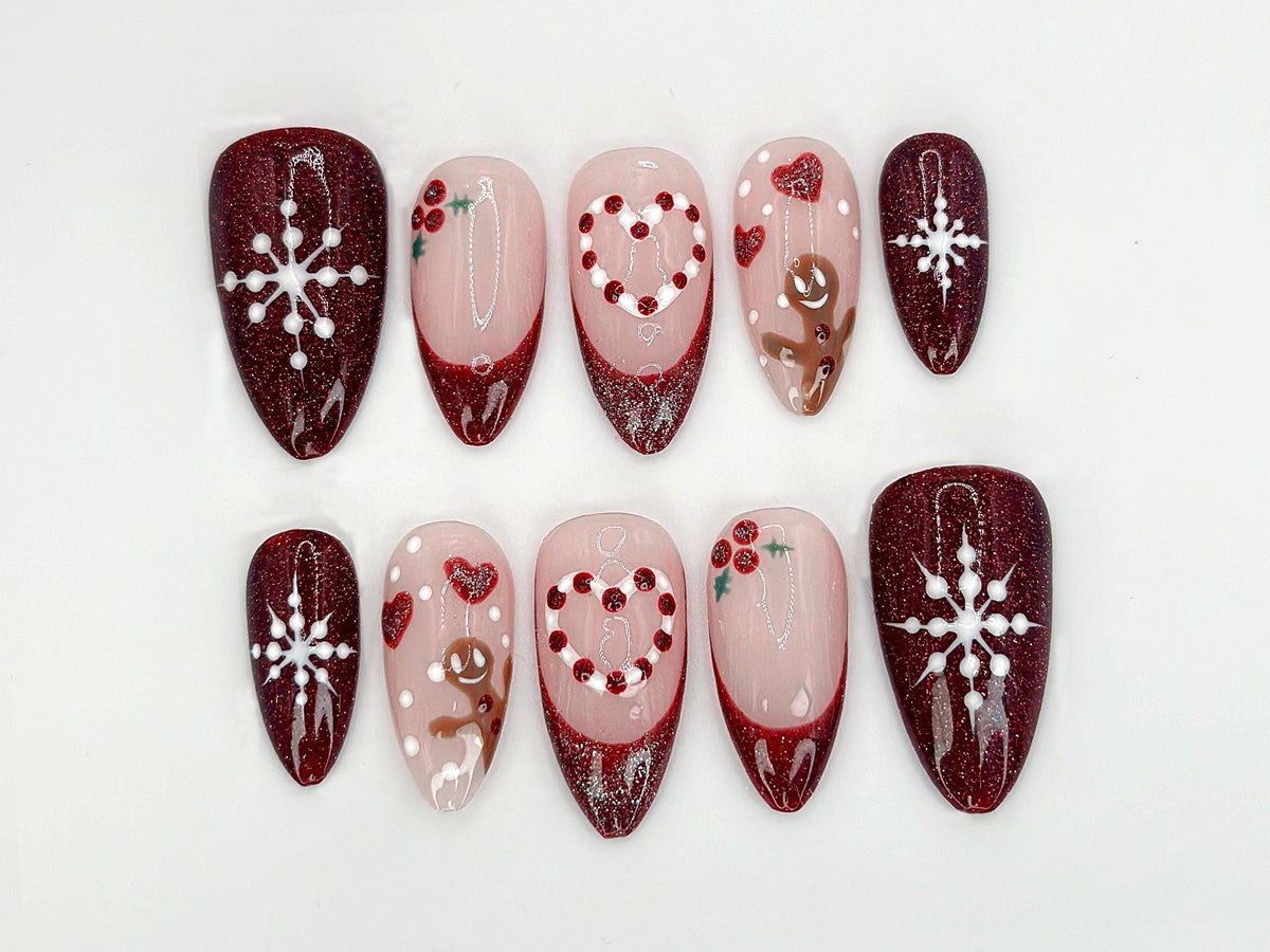 Burgundy Glitter Christmas Press On Nails with Snowflakes, Holly and Gingerbread