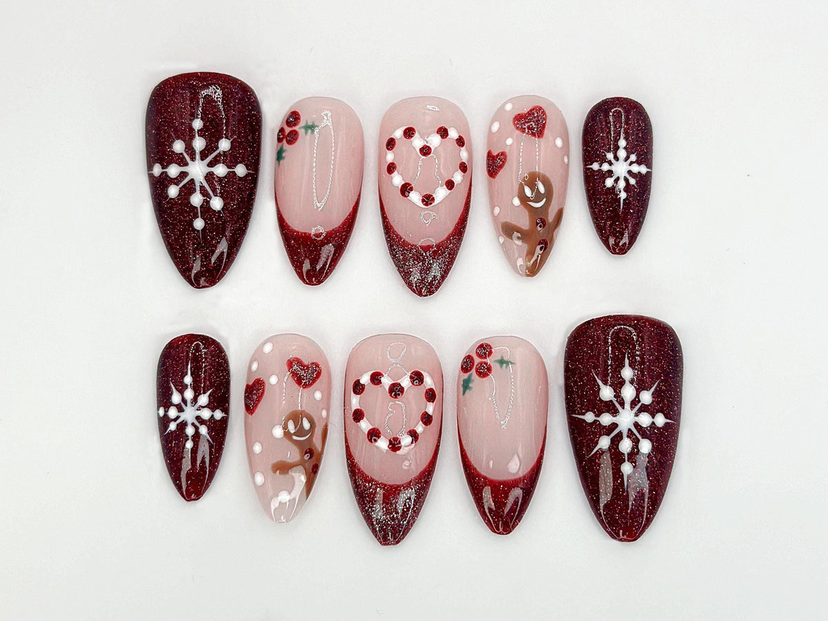 Burgundy Glitter Christmas Press On Nails with Snowflakes, Holly and Gingerbread