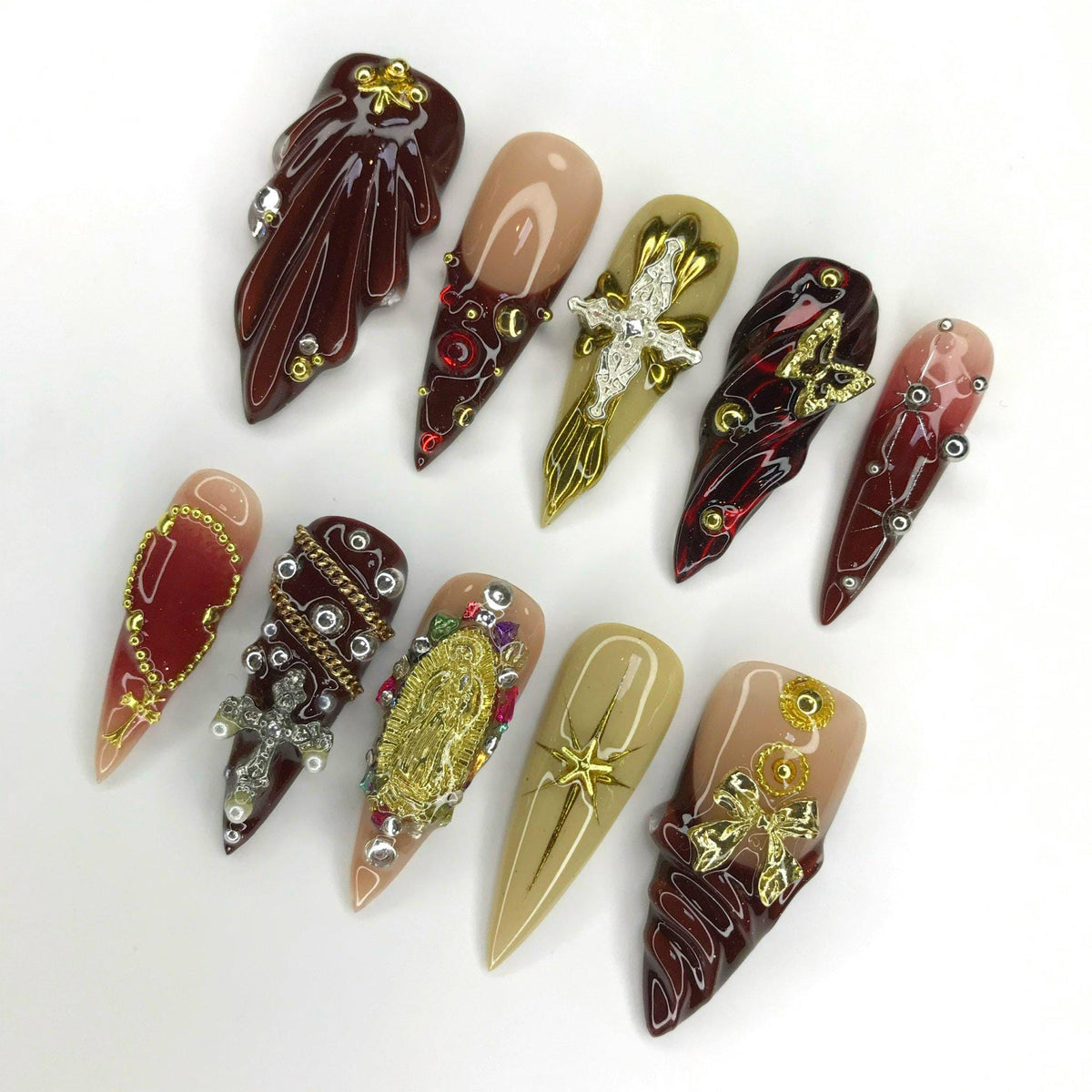 Burgundy, Gold & Nude Renaissance Nails with Ornate Crosses and Rhinestones