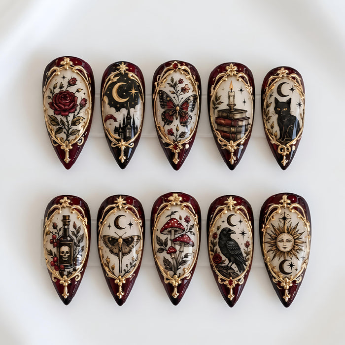 Burgundy Gothic Celestial Press On Nails with Gold Moths, Roses and Moon Motifs