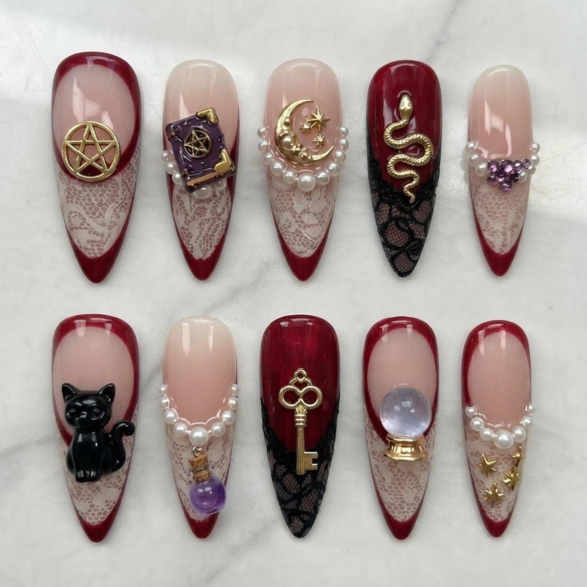 Burgundy Gothic Lace Press-On Nails With Black Cat, Snake, Pearls & Charms
