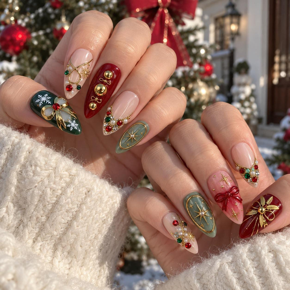 Burgundy, Green and Blush Christmas Nails with Raised Bows, Rhinestones and Snowflakes