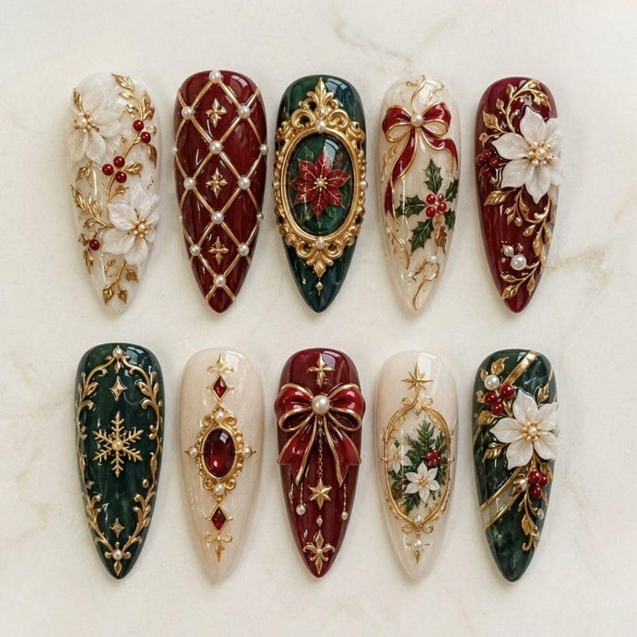 Burgundy, Green and Gold Baroque Christmas Press On Nail Set With Raised Floral Details