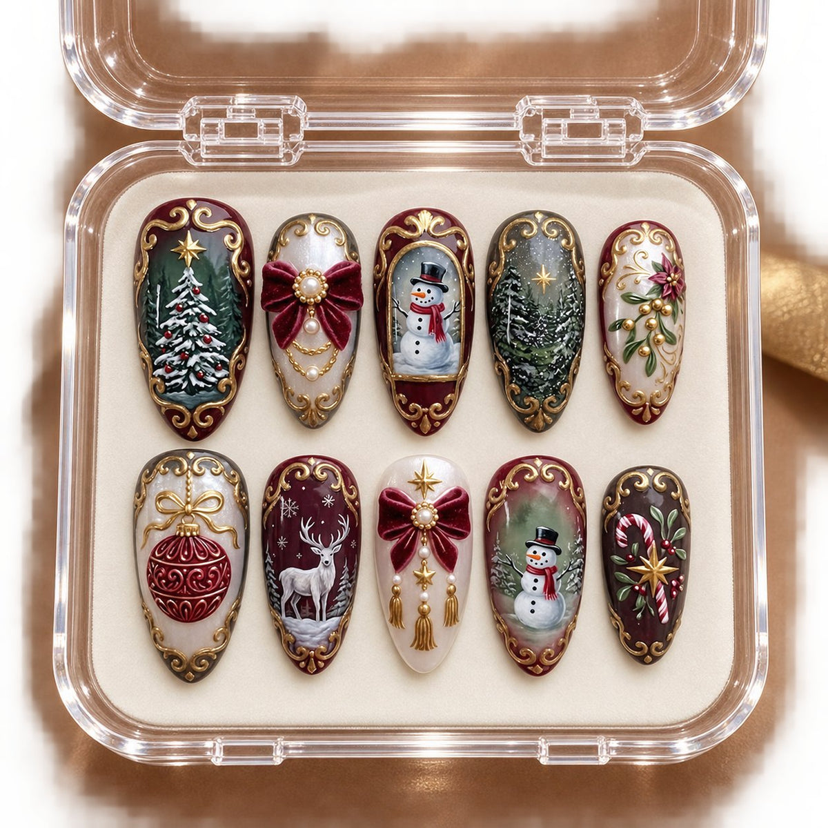 Burgundy, Green and Ivory Christmas Nails with Snowmen, Deer and Gold Scrollwork in clear acrylic storage box