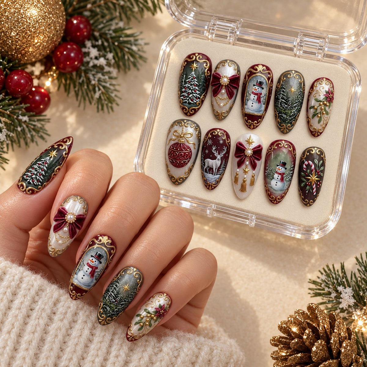 Burgundy, Green and Ivory Christmas Nails with Snowmen, Deer and Gold Scrollwork worn on hand with acrylic storage box