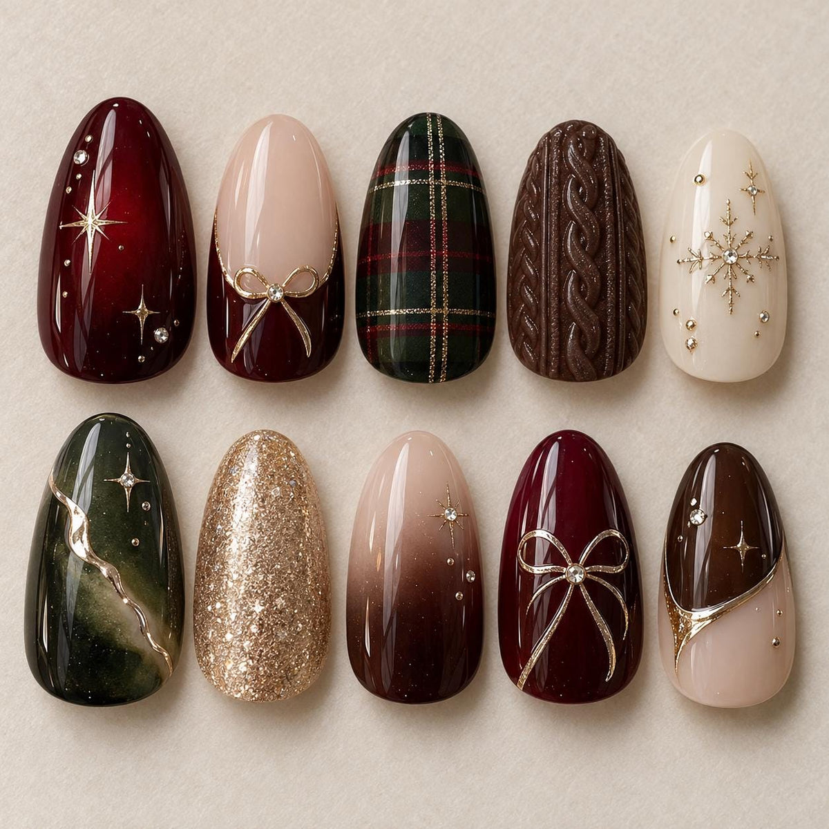 Burgundy, Green Plaid and Gold Bow Christmas Nail Set