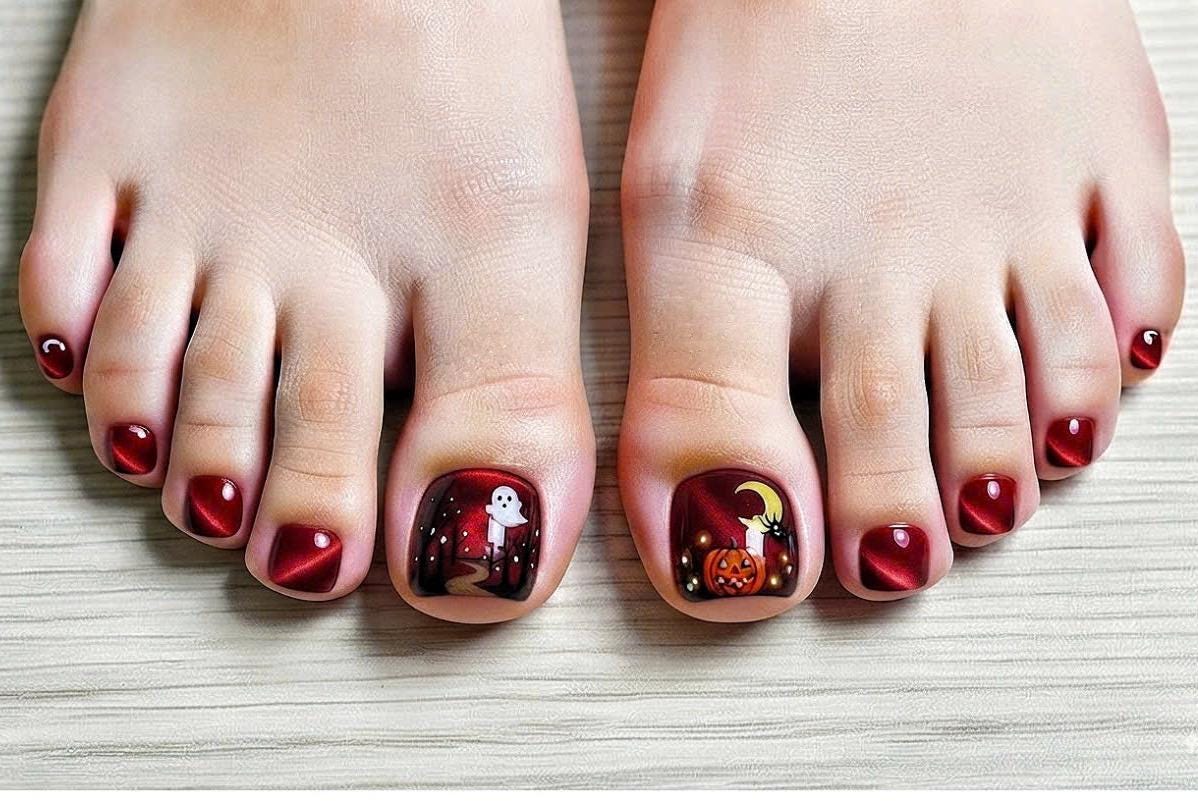 Burgundy Halloween Press-On Toenails With Ghost, Crescent Moon, and Pumpkin