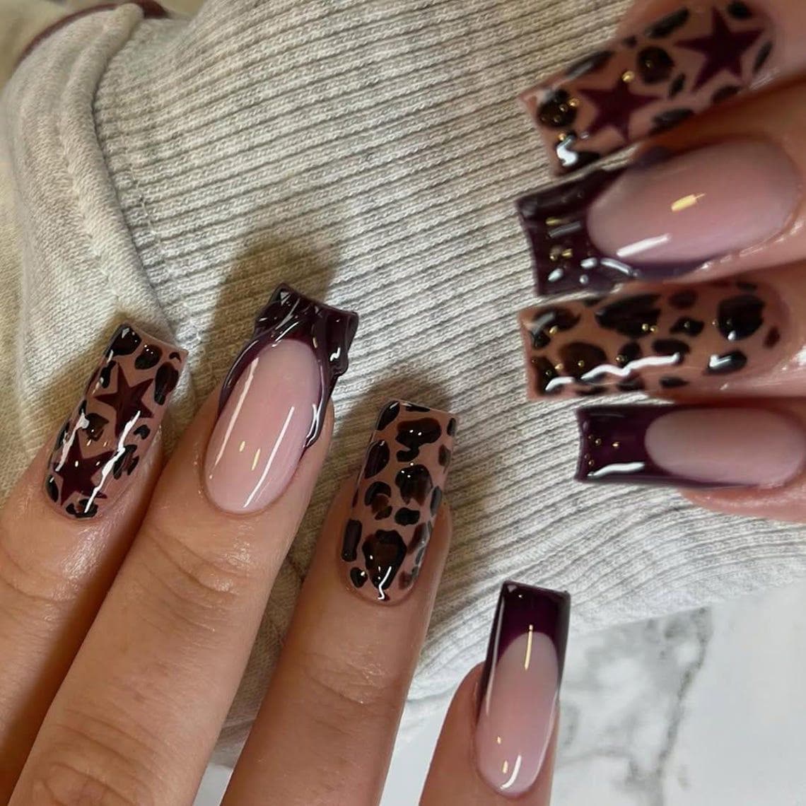 Burgundy Leopard Print and Star French Tip Press-On Nail Set