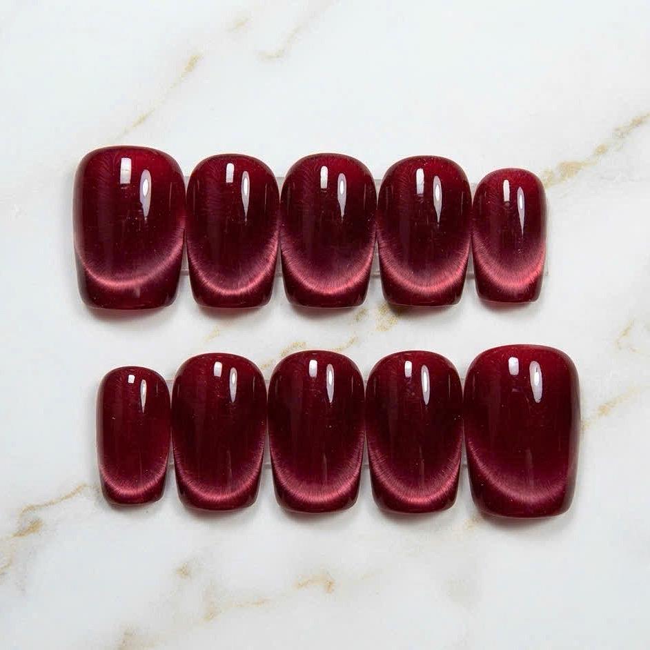 Burgundy Magnetic Cat-Eye Press-On Nails