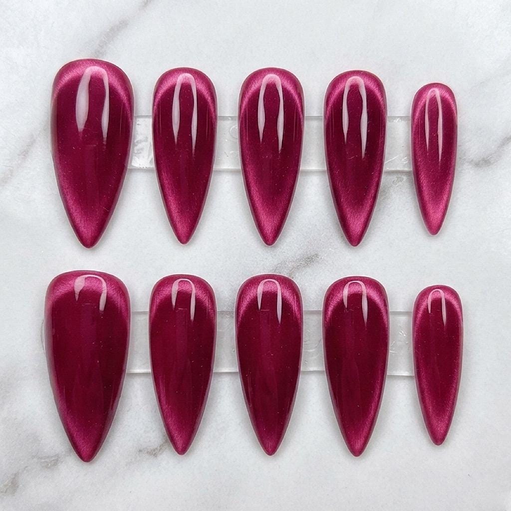 Burgundy Magnetic Cat Eye Press On Nails
