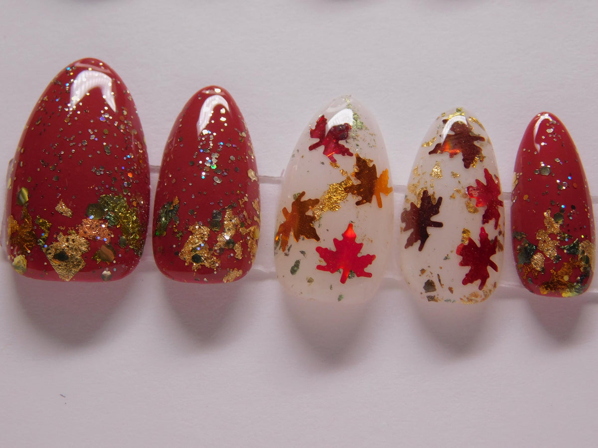Burgundy Maple Leaf Press-On Nails With Gold Foil and Multicolor Glitter
