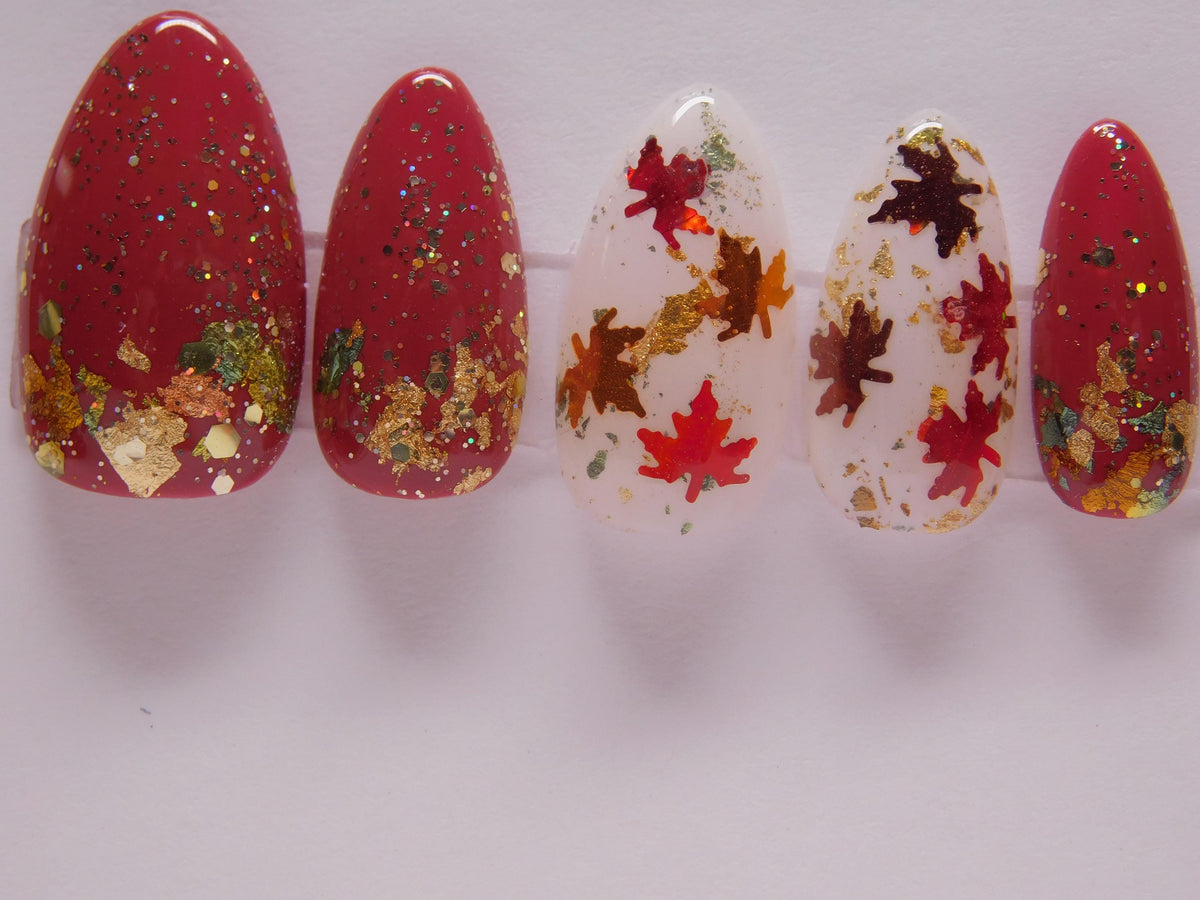 Burgundy Maple Leaf Press-On Nails With Gold Foil and Multicolor Glitter