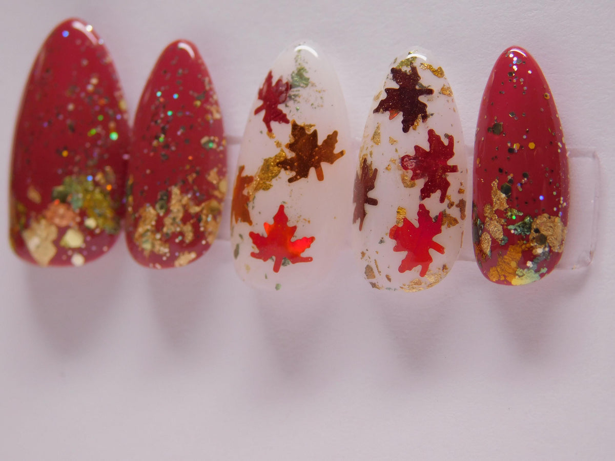Burgundy Maple Leaf Press-On Nails With Gold Foil and Multicolor Glitter