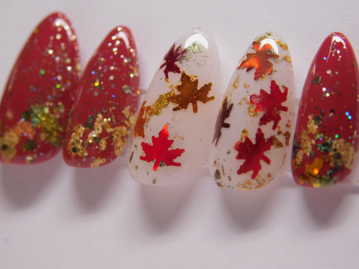 Burgundy Maple Leaf Press-On Nails With Gold Foil and Multicolor Glitter