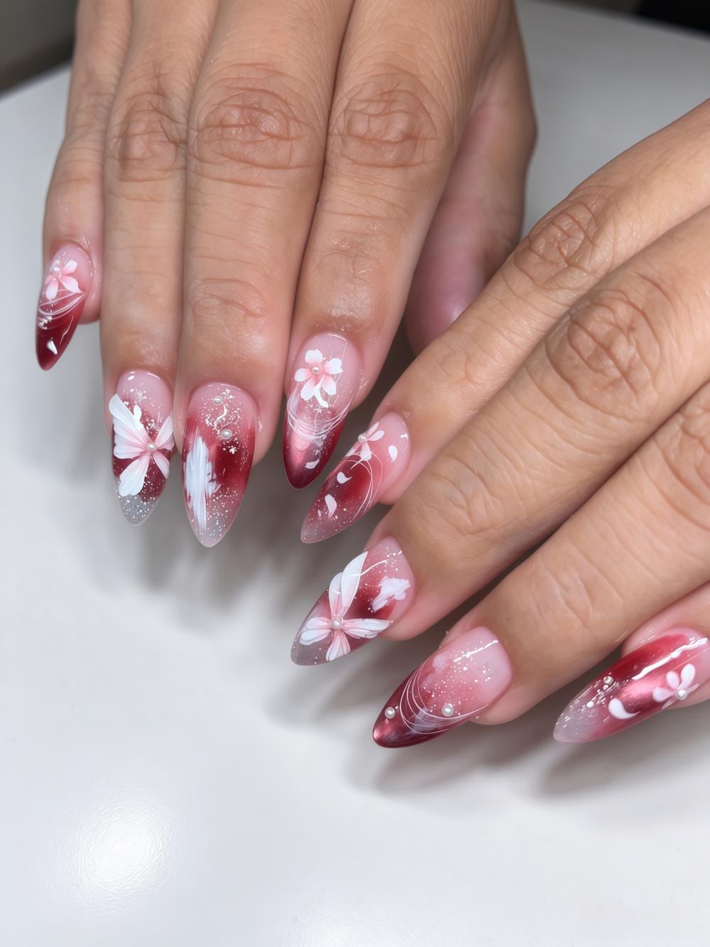 Burgundy Ombre Butterfly and Floral Nail Set