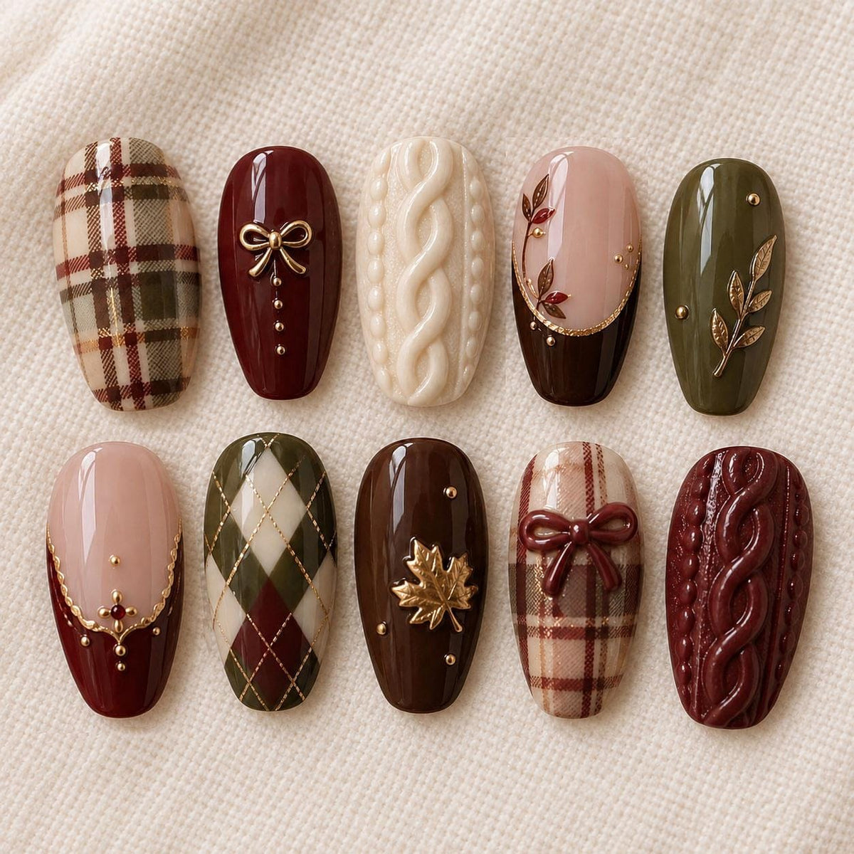 Burgundy Plaid and Olive Argyle Cable-Knit Fall Nail Set